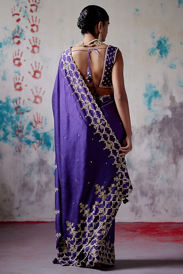 Purple Silk Zardosi Embroidered Reception Saree Set by Deep Thee at Pernia's Pop Up Shop