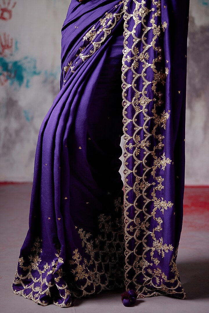 Purple Silk Zardosi Embroidered Reception Saree Set by Deep Thee at Pernia's Pop Up Shop