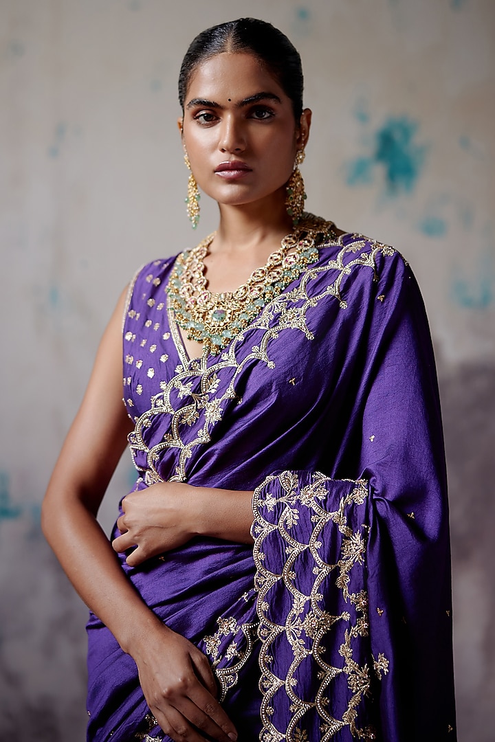 Purple Silk Zardosi Embroidered Reception Saree Set by Deep Thee at Pernia's Pop Up Shop