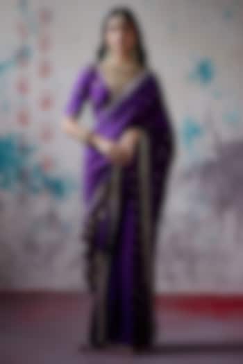 Purple Brocade Silk Zardosi Embroidered Reception Saree Set by Deep Thee at Pernia's Pop Up Shop