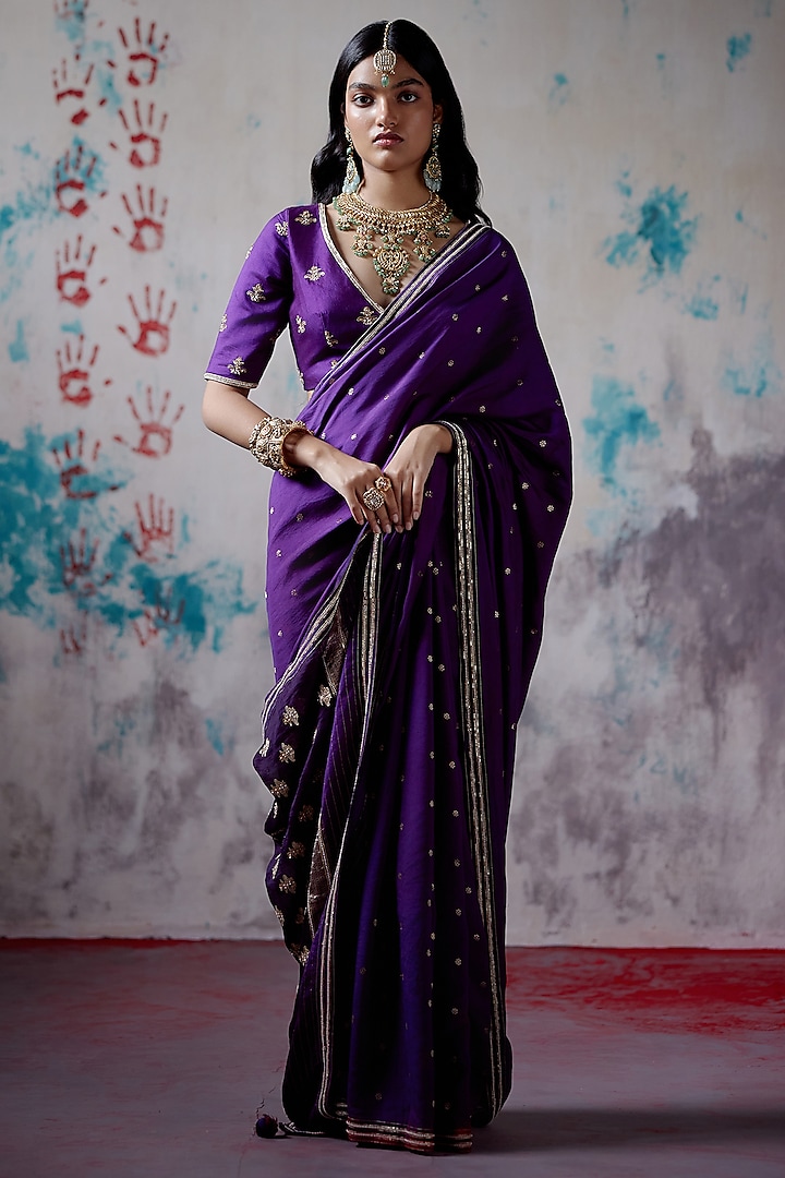Purple Brocade Silk Zardosi Embroidered Reception Saree Set by Deep Thee at Pernia's Pop Up Shop