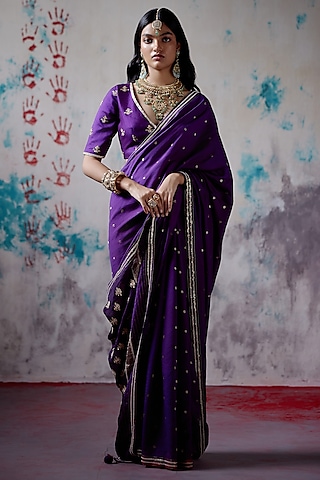 Purple Brocade Silk Zardosi Embroidered Saree Set by Deep Thee