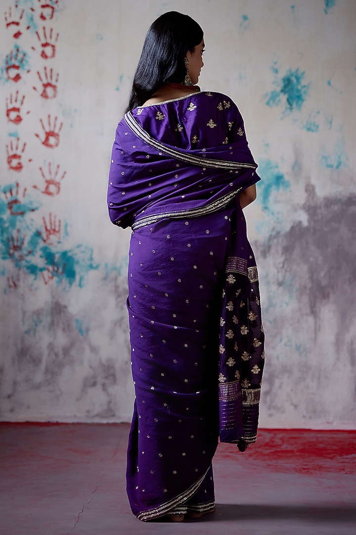 Purple Brocade Silk Zardosi Embroidered Reception Saree Set by Deep Thee at Pernia's Pop Up Shop