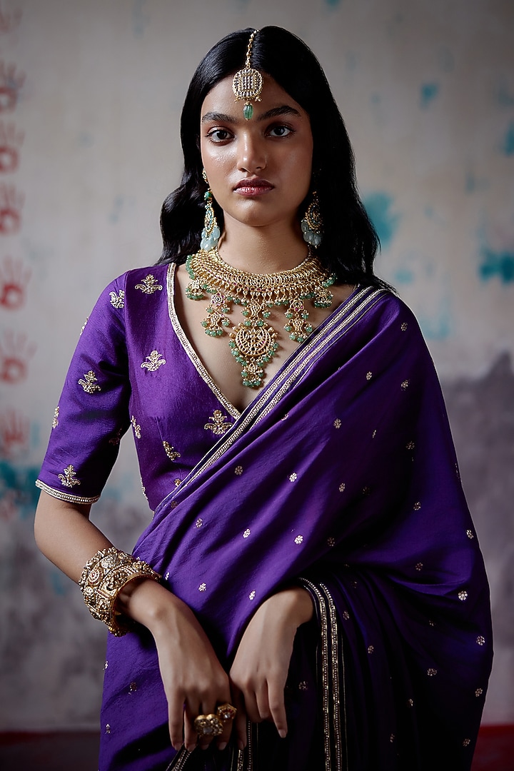 Purple Brocade Silk Zardosi Embroidered Reception Saree Set by Deep Thee at Pernia's Pop Up Shop