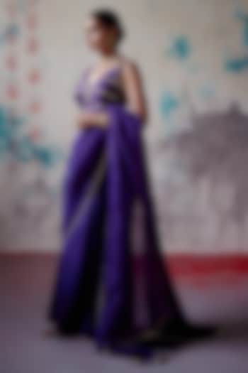 Purple Organza Zardosi Embroidered Wedding Saree Set by Deep Thee at Pernia's Pop Up Shop