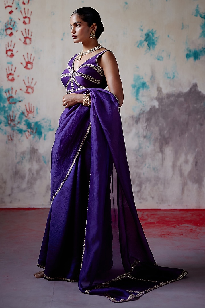 Purple Organza Zardosi Embroidered Wedding Saree Set by Deep Thee at Pernia's Pop Up Shop
