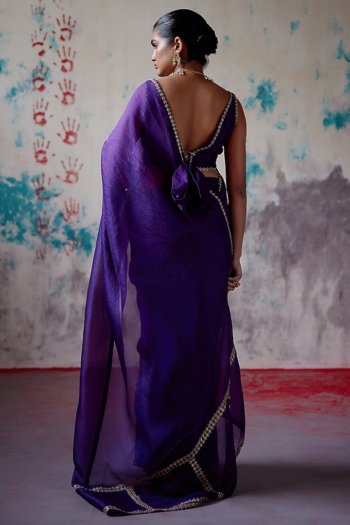 Purple Organza Zardosi Embroidered Wedding Saree Set by Deep Thee at Pernia's Pop Up Shop