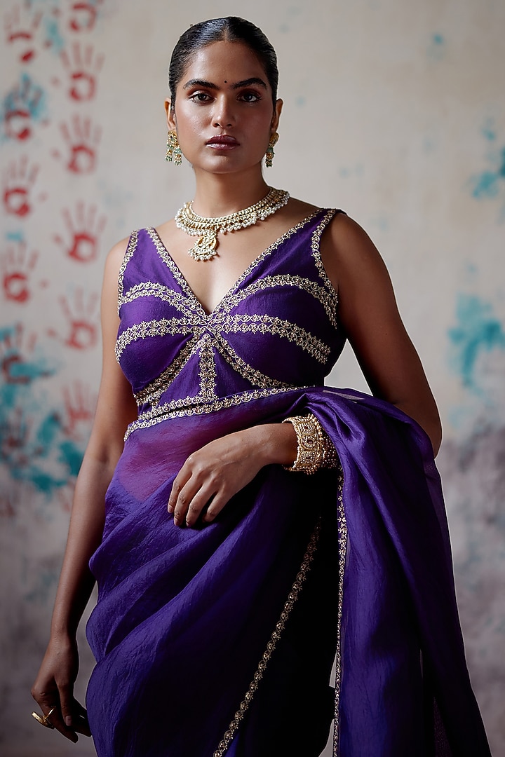 Purple Organza Zardosi Embroidered Wedding Saree Set by Deep Thee at Pernia's Pop Up Shop