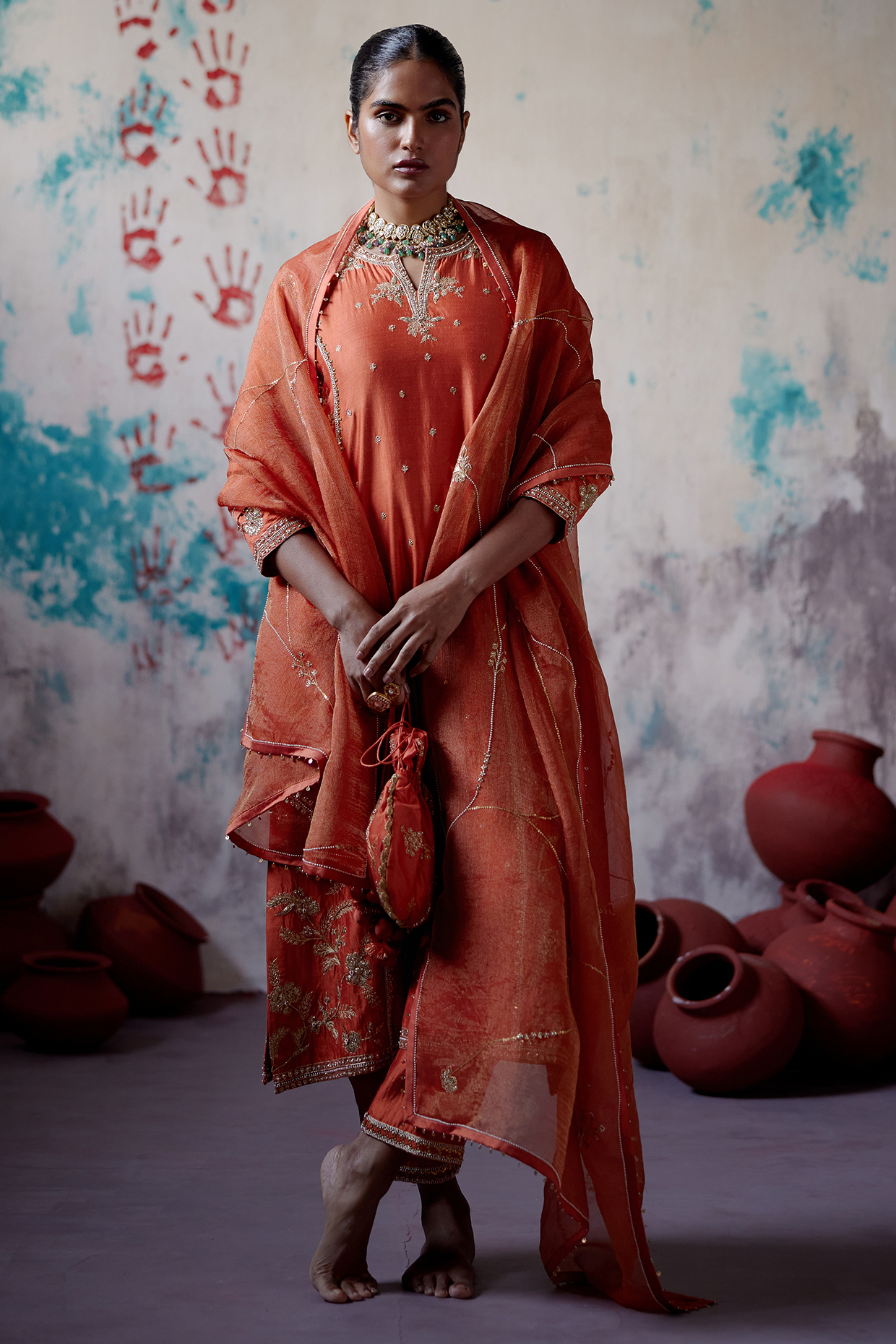Rust Orange Silk Embroidered Kurta Set by Deep Thee at Pernia's Pop Up Shop