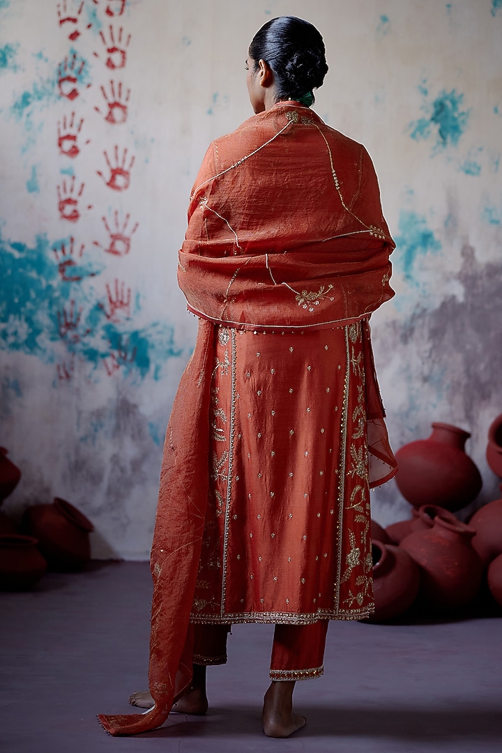 Rust Orange Silk Embroidered Kurta Set by Deep Thee at Pernia's Pop Up Shop
