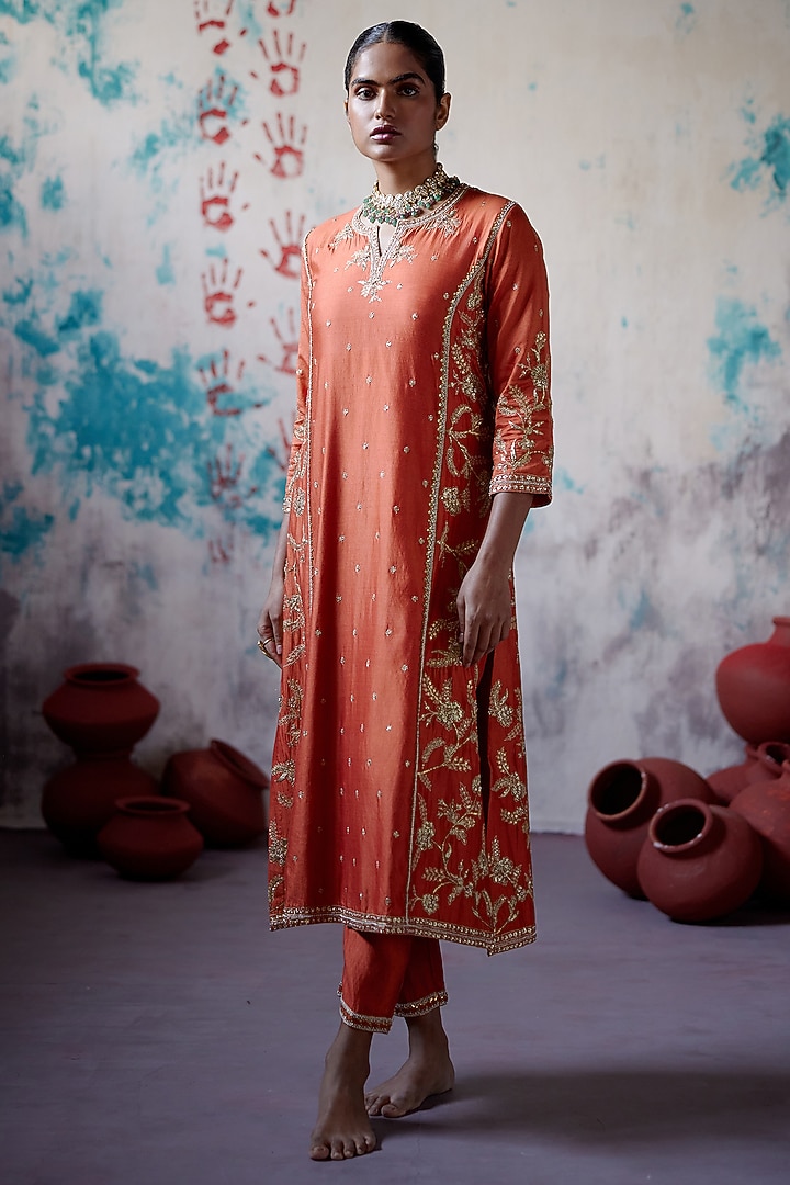 Rust Orange Silk Embroidered Kurta Set by Deep Thee at Pernia's Pop Up Shop