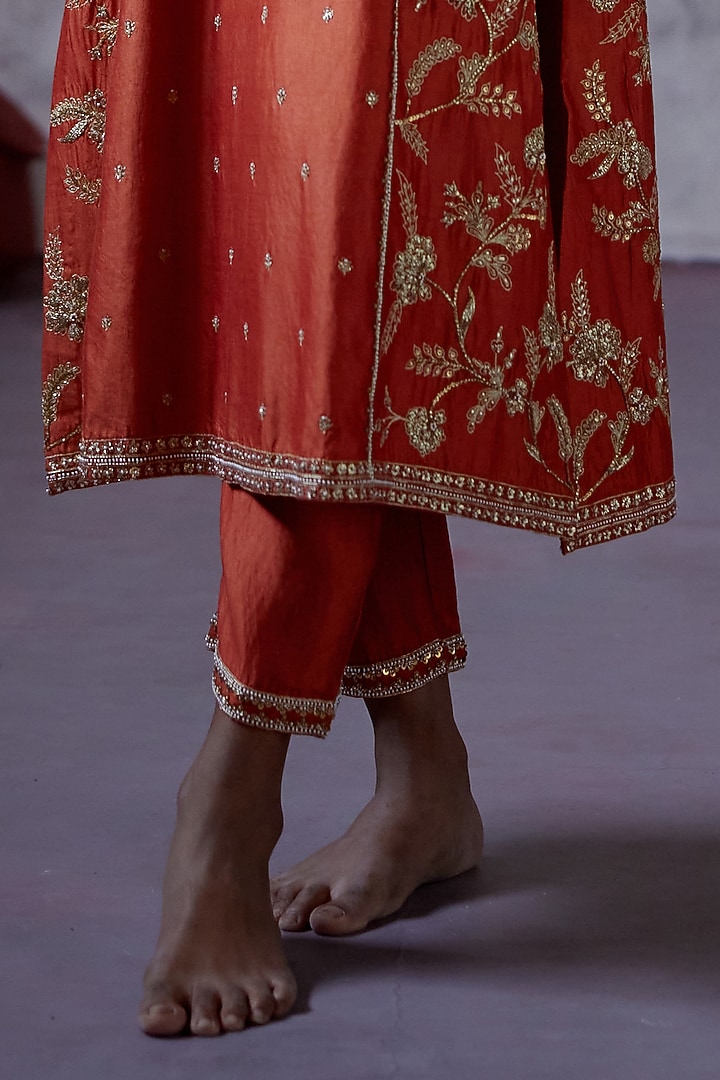 Rust Orange Silk Embroidered Kurta Set by Deep Thee at Pernia's Pop Up Shop