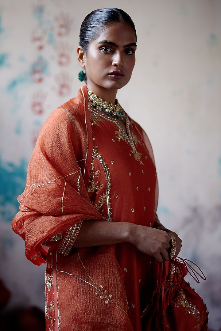 Rust Orange Silk Embroidered Kurta Set by Deep Thee at Pernia's Pop Up Shop