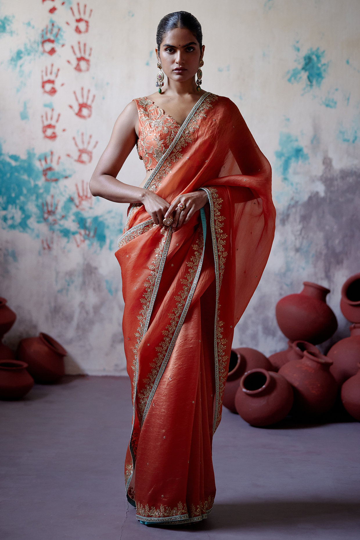 Rust Organza & Silk Sequins Embroidered Wedding Saree Set by Deep Thee at Pernia's Pop Up Shop