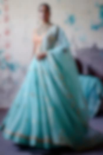 Powder Blue Brocade Pleated Bridal Lehenga Set by Deep Thee at Pernia's Pop Up Shop