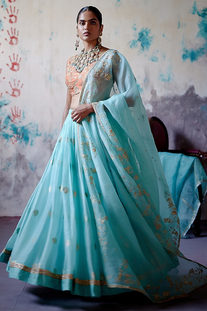 Powder Blue Brocade Pleated Bridal Lehenga Set by Deep Thee at Pernia's Pop Up Shop
