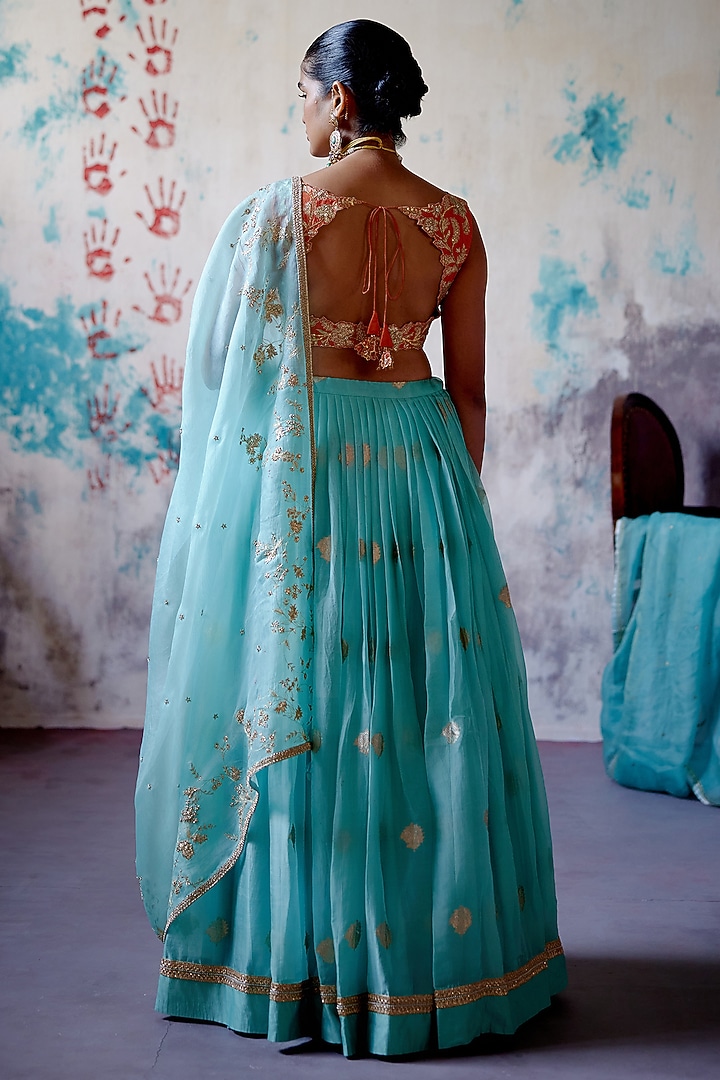 Powder Blue Brocade Pleated Bridal Lehenga Set by Deep Thee at Pernia's Pop Up Shop