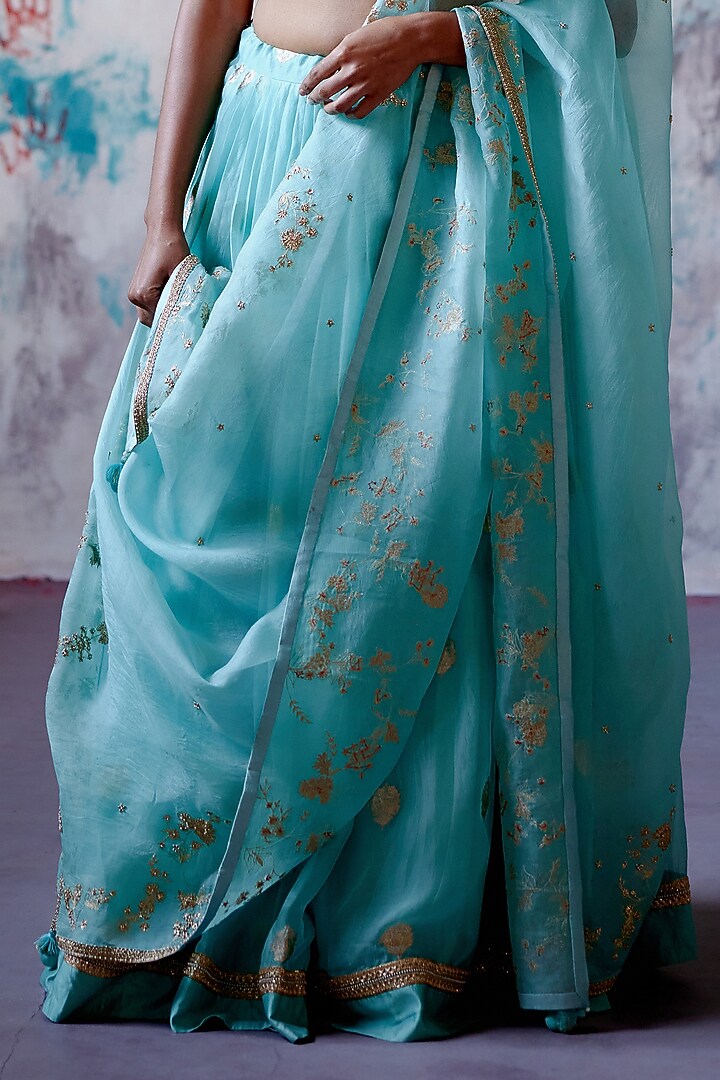 Powder Blue Brocade Pleated Bridal Lehenga Set by Deep Thee at Pernia's Pop Up Shop
