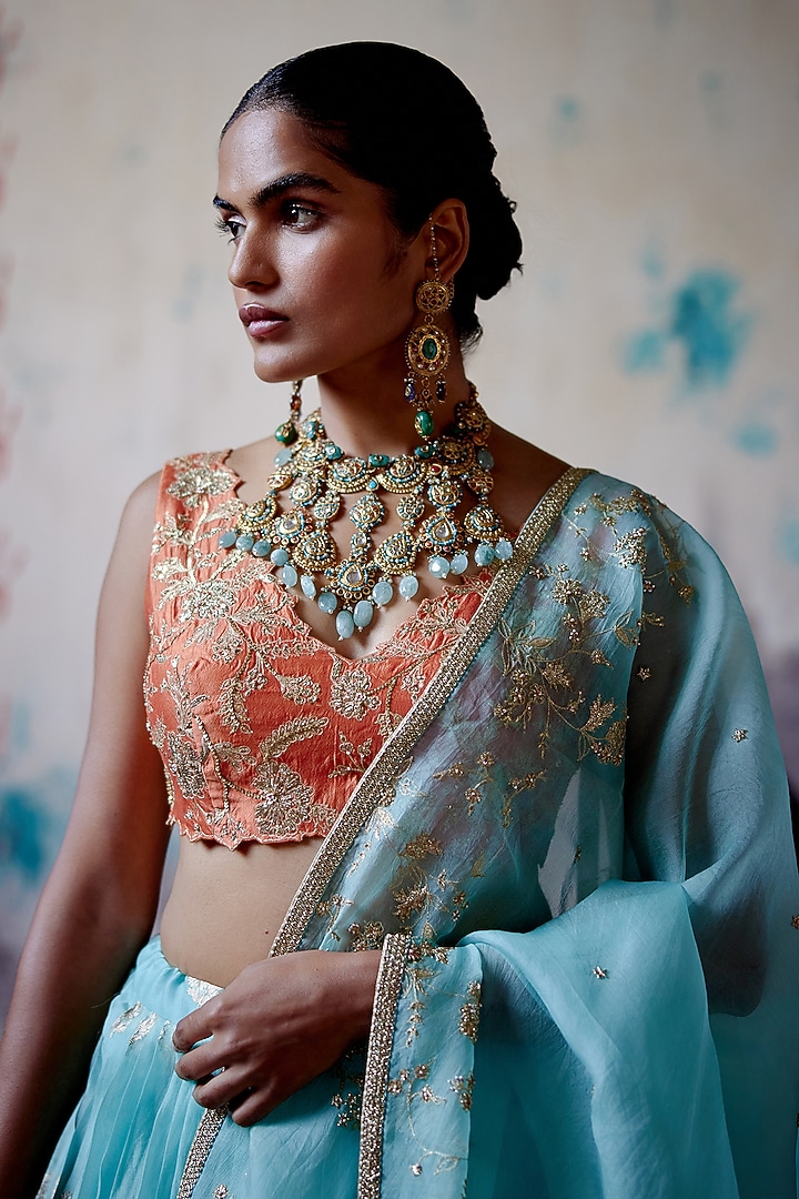 Powder Blue Brocade Pleated Bridal Lehenga Set by Deep Thee at Pernia's Pop Up Shop
