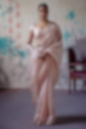 Soft Peach Silk & Organza Zardosi Embroidered Wedding Saree Set by Deep Thee at Pernia's Pop Up Shop