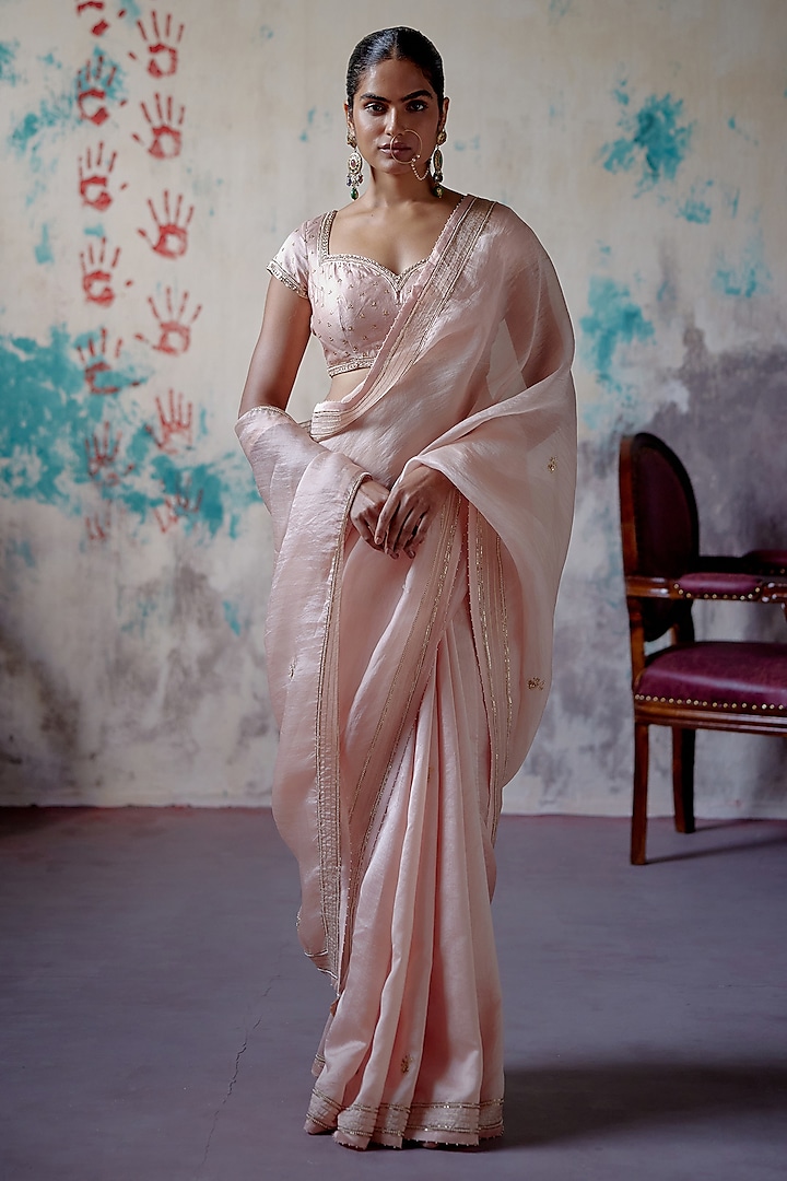 Soft Peach Silk & Organza Zardosi Embroidered Wedding Saree Set by Deep Thee at Pernia's Pop Up Shop