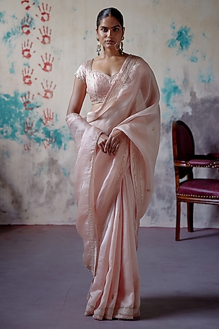 Soft Peach Silk & Organza Zardosi Embroidered Saree Set by Deep Thee