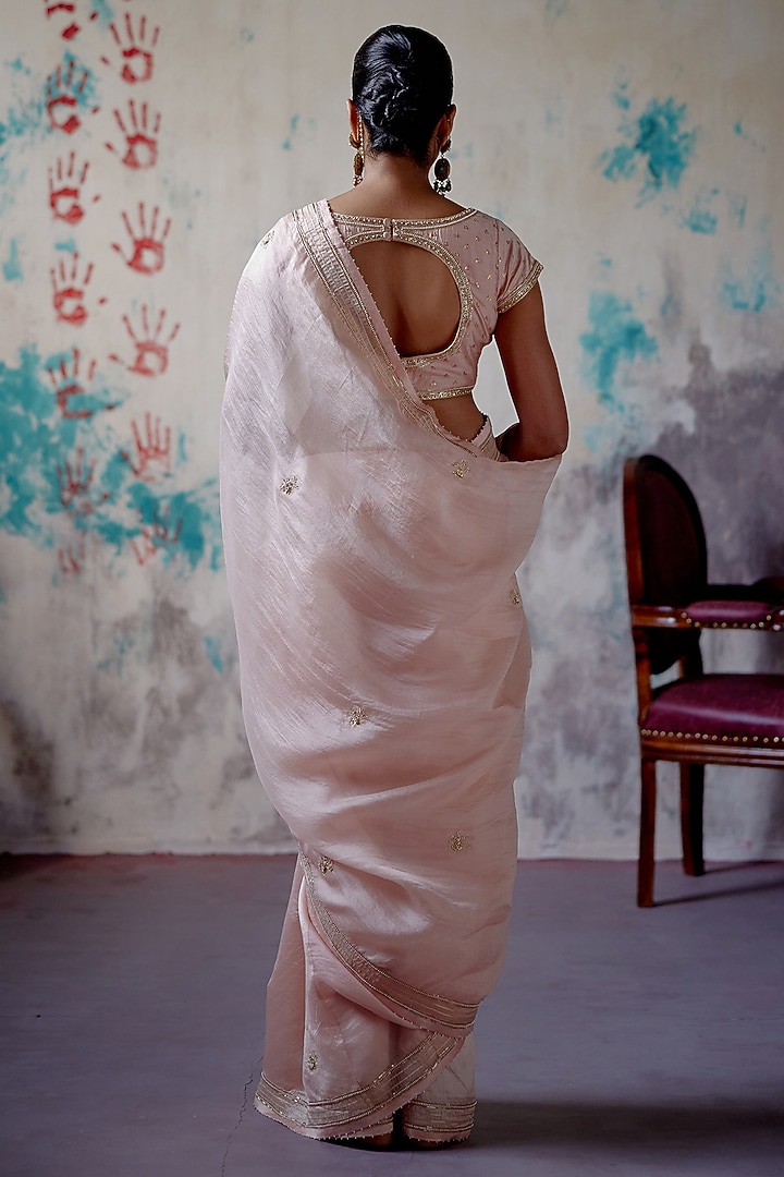 Soft Peach Silk & Organza Zardosi Embroidered Wedding Saree Set by Deep Thee at Pernia's Pop Up Shop