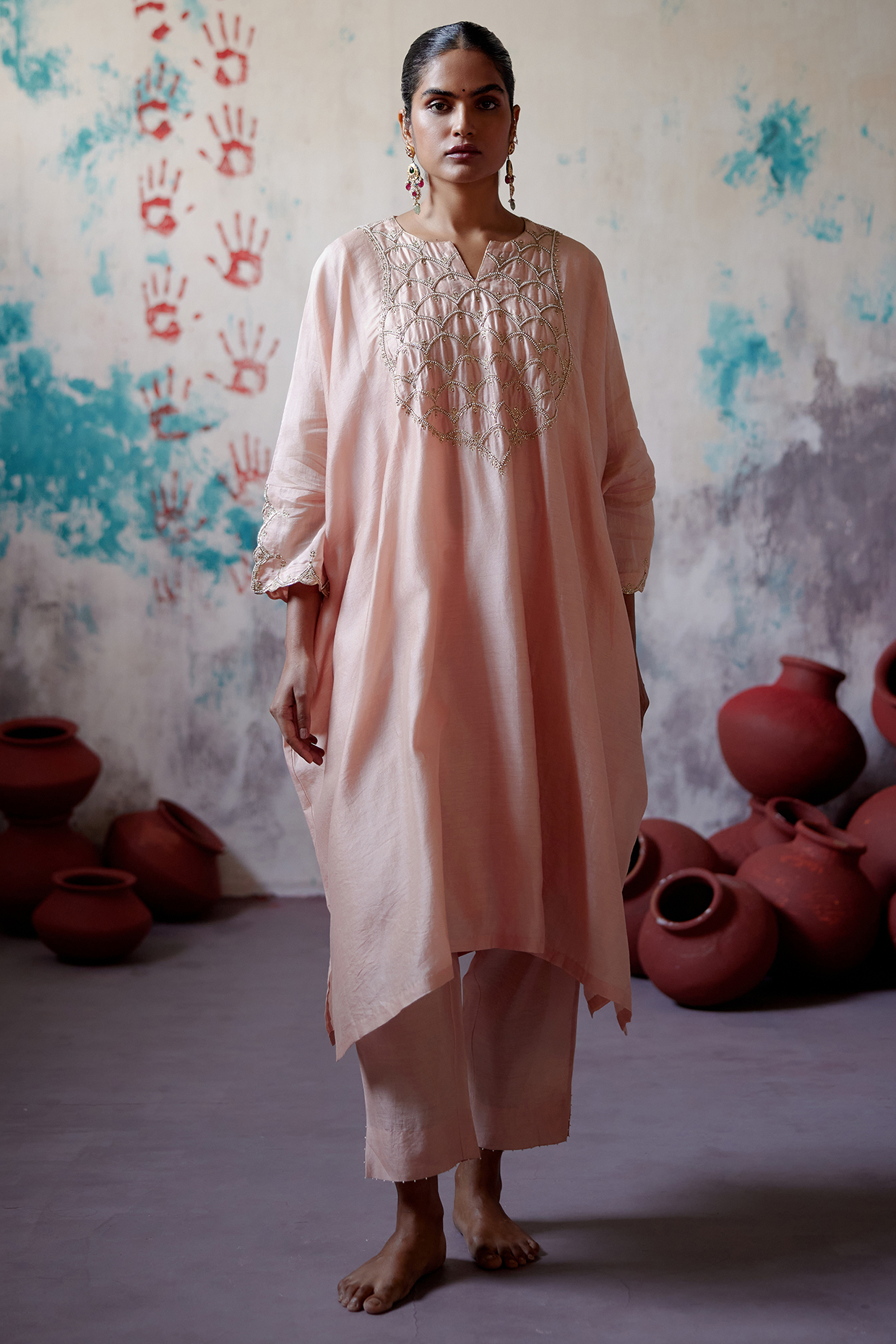 Soft Peach Chanderi Zardosi Embroidered Kaftan Set by Deep Thee at Pernia's Pop Up Shop