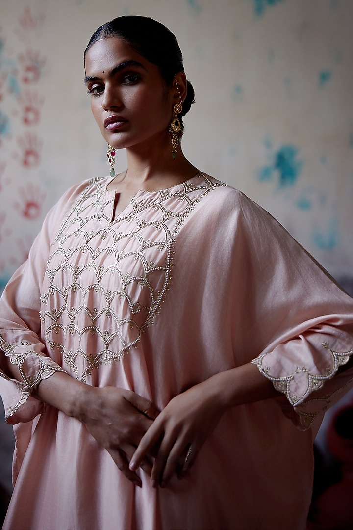 Soft Peach Chanderi Zardosi Embroidered Kaftan Set by Deep Thee at Pernia's Pop Up Shop