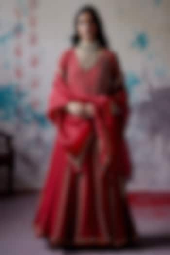Red Georgette Zari Embroidered Wedding Anarkali Set by Deep Thee at Pernia's Pop Up Shop