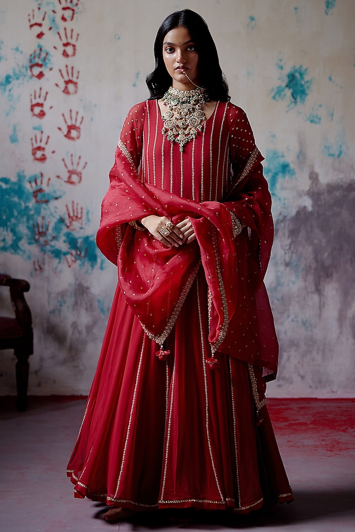 Red Georgette Zari Embroidered Wedding Anarkali Set by Deep Thee at Pernia's Pop Up Shop