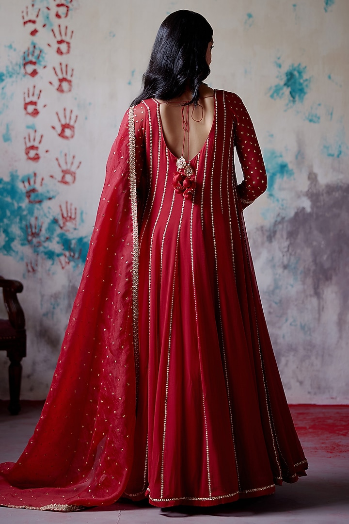 Red Georgette Zari Embroidered Wedding Anarkali Set by Deep Thee at Pernia's Pop Up Shop