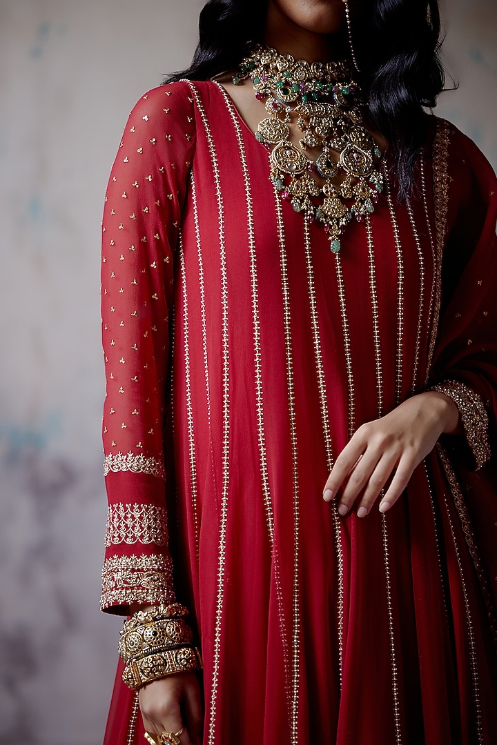 Red Georgette Zari Embroidered Wedding Anarkali Set by Deep Thee at Pernia's Pop Up Shop