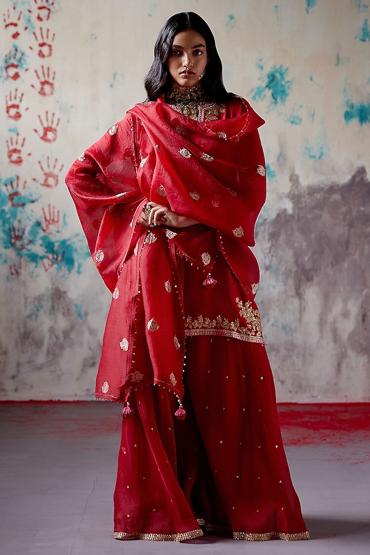 Red Organza Embroidered Wedding Sharara Set by Deep Thee at Pernia's Pop Up Shop