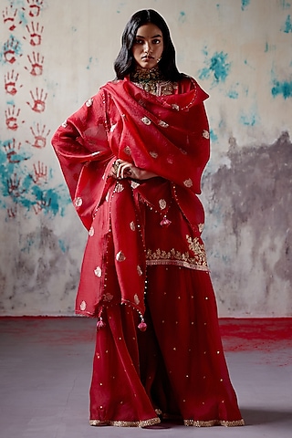 Red Organza Embroidered Sharara Set by Deep Thee
