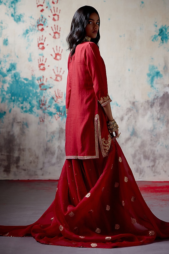 Red Organza Embroidered Wedding Sharara Set by Deep Thee at Pernia's Pop Up Shop