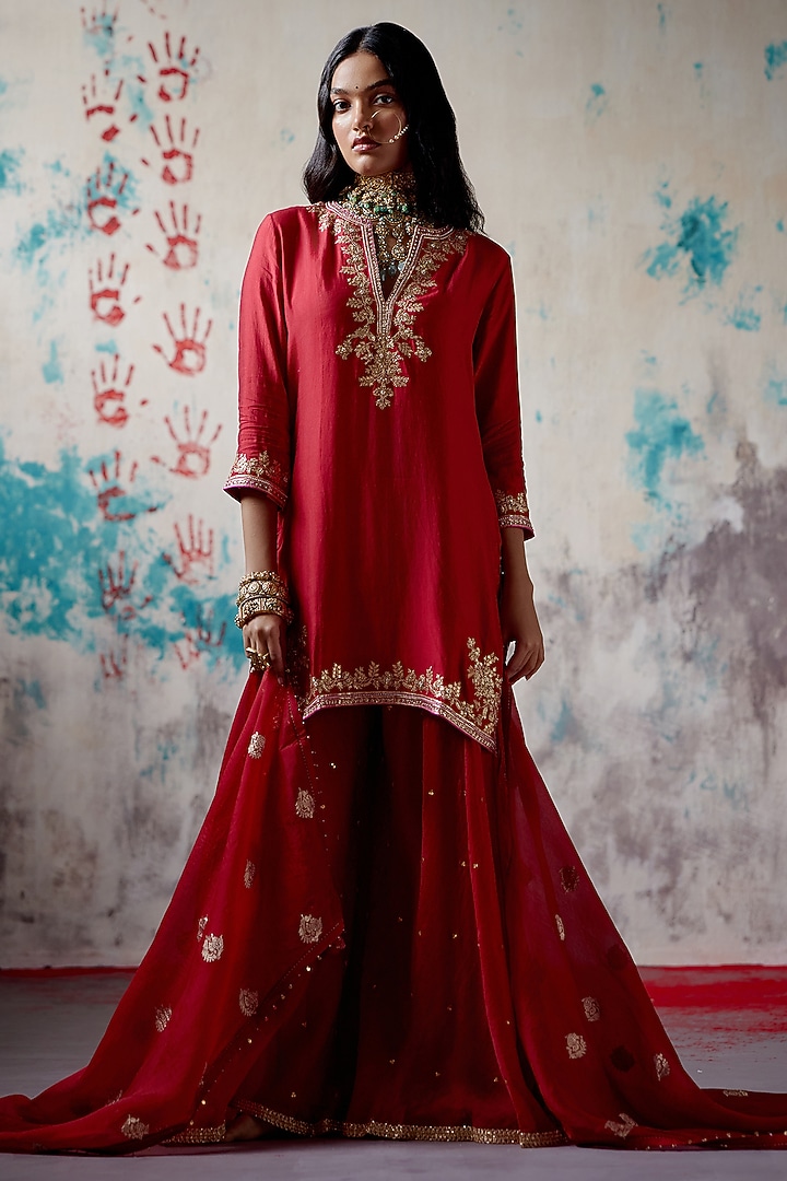 Red Organza Embroidered Wedding Sharara Set by Deep Thee at Pernia's Pop Up Shop