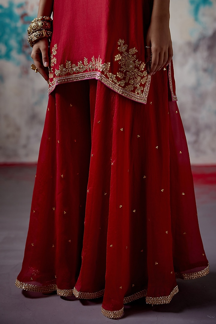 Red Organza Embroidered Wedding Sharara Set by Deep Thee at Pernia's Pop Up Shop