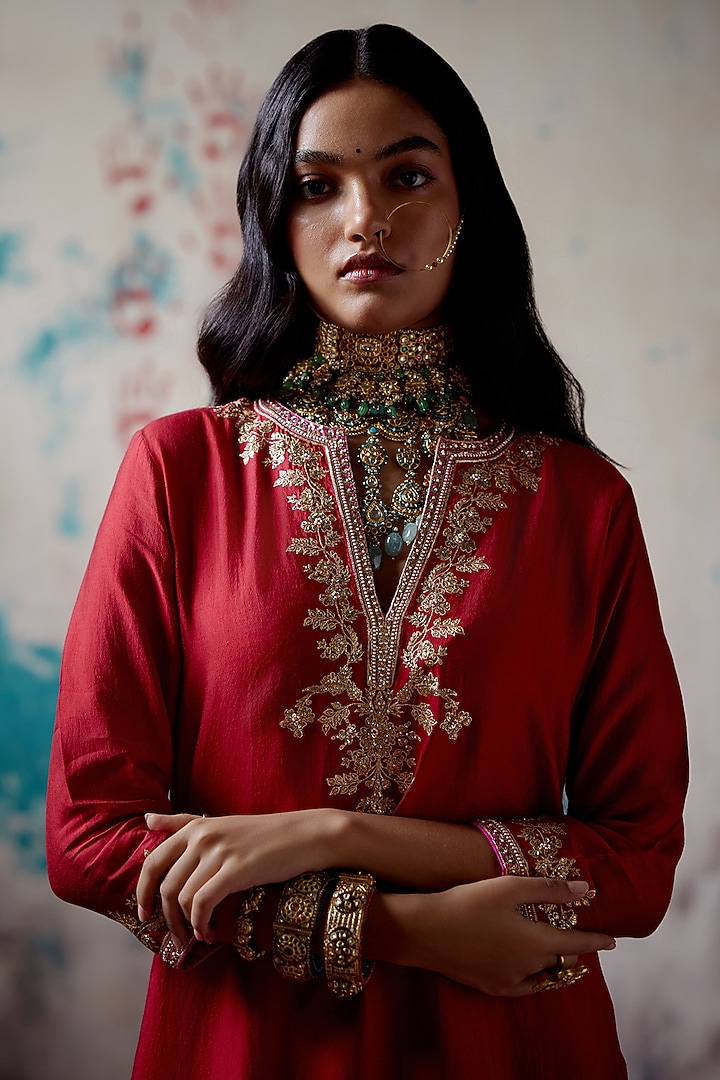Red Organza Embroidered Wedding Sharara Set by Deep Thee at Pernia's Pop Up Shop