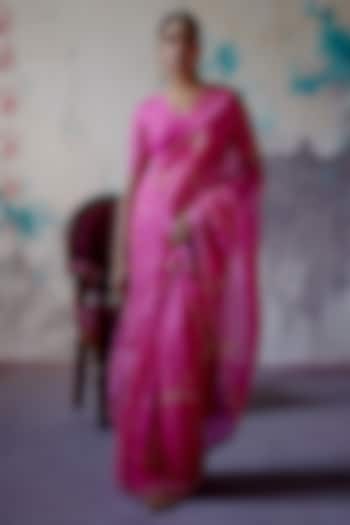 Fuchsia Pink Organza & Silk Sequins Embroidered Wedding Saree Set by Deep Thee at Pernia's Pop Up Shop