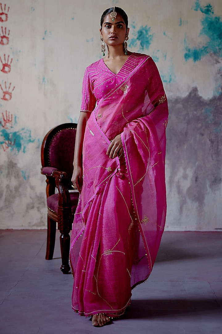 Fuchsia Pink Organza & Silk Sequins Embroidered Wedding Saree Set by Deep Thee at Pernia's Pop Up Shop