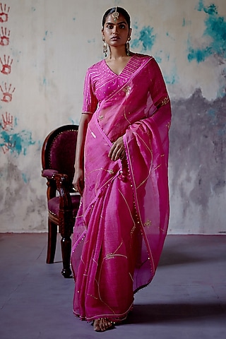 Fuchsia Pink Organza & Silk Sequins Embroidered Saree Set by Deep Thee