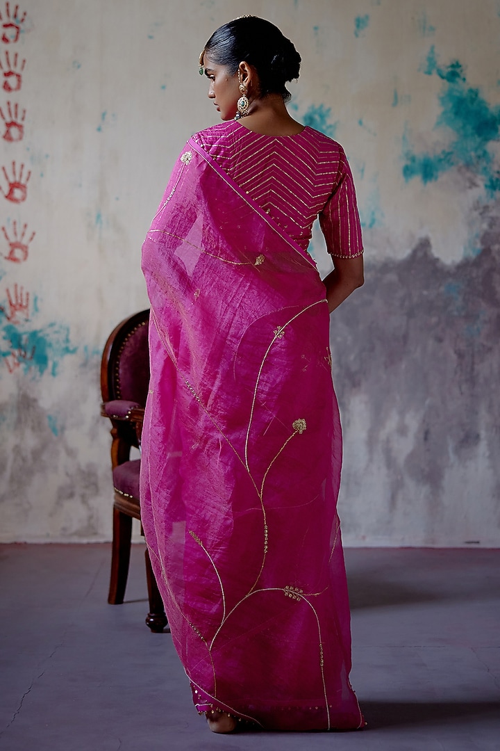 Fuchsia Pink Organza & Silk Sequins Embroidered Wedding Saree Set by Deep Thee at Pernia's Pop Up Shop
