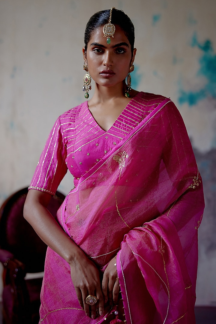 Fuchsia Pink Organza & Silk Sequins Embroidered Wedding Saree Set by Deep Thee at Pernia's Pop Up Shop