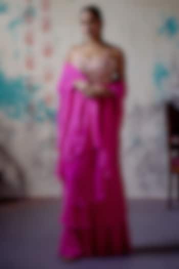Fuchsia Pink Silk & Georgette Ruffled Pre-Draped Wedding Saree Set by Deep Thee at Pernia's Pop Up Shop
