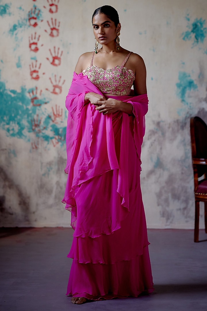 Fuchsia Pink Silk & Georgette Ruffled Pre-Draped Wedding Saree Set by Deep Thee at Pernia's Pop Up Shop