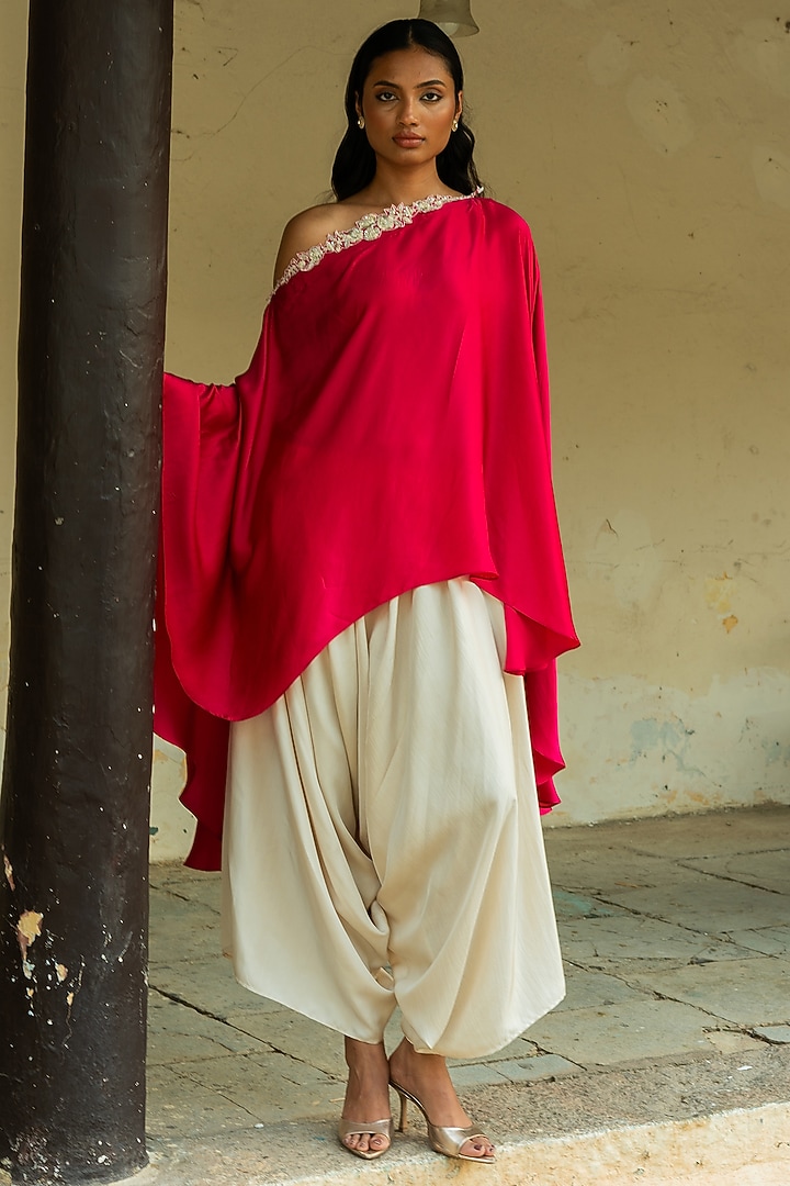 Fuchsia Silk Handcrafted One-Shoulder Cape Set by Deep thee at Pernia's Pop Up Shop