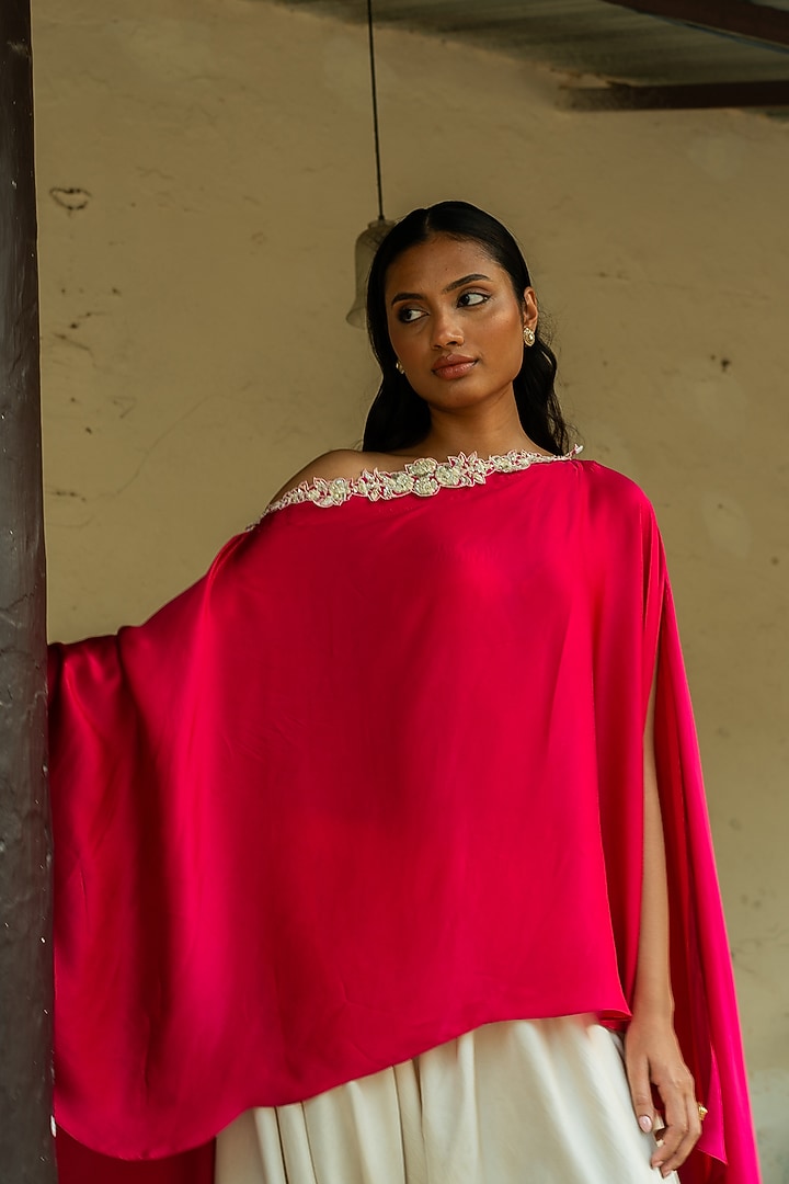 Fuchsia Silk Handcrafted One-Shoulder Cape Set by Deep thee at Pernia's Pop Up Shop
