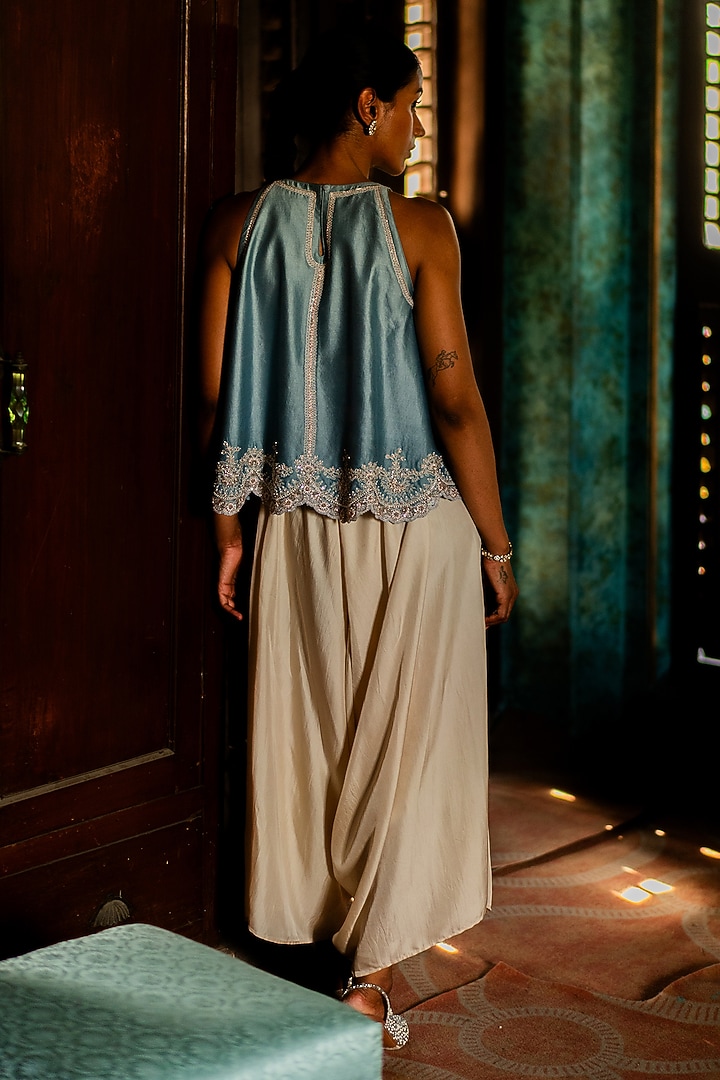 Frost Blue Silk Embroidered Tunic Set by Deep thee at Pernia's Pop Up Shop