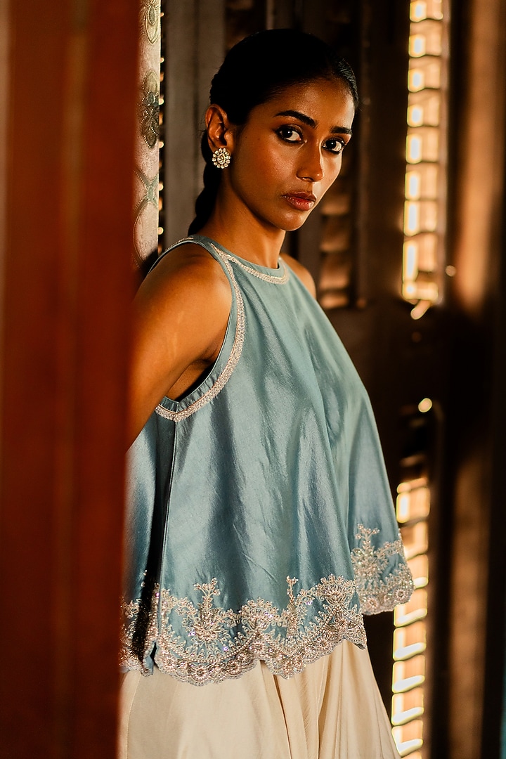 Frost Blue Silk Embroidered Tunic Set by Deep thee at Pernia's Pop Up Shop